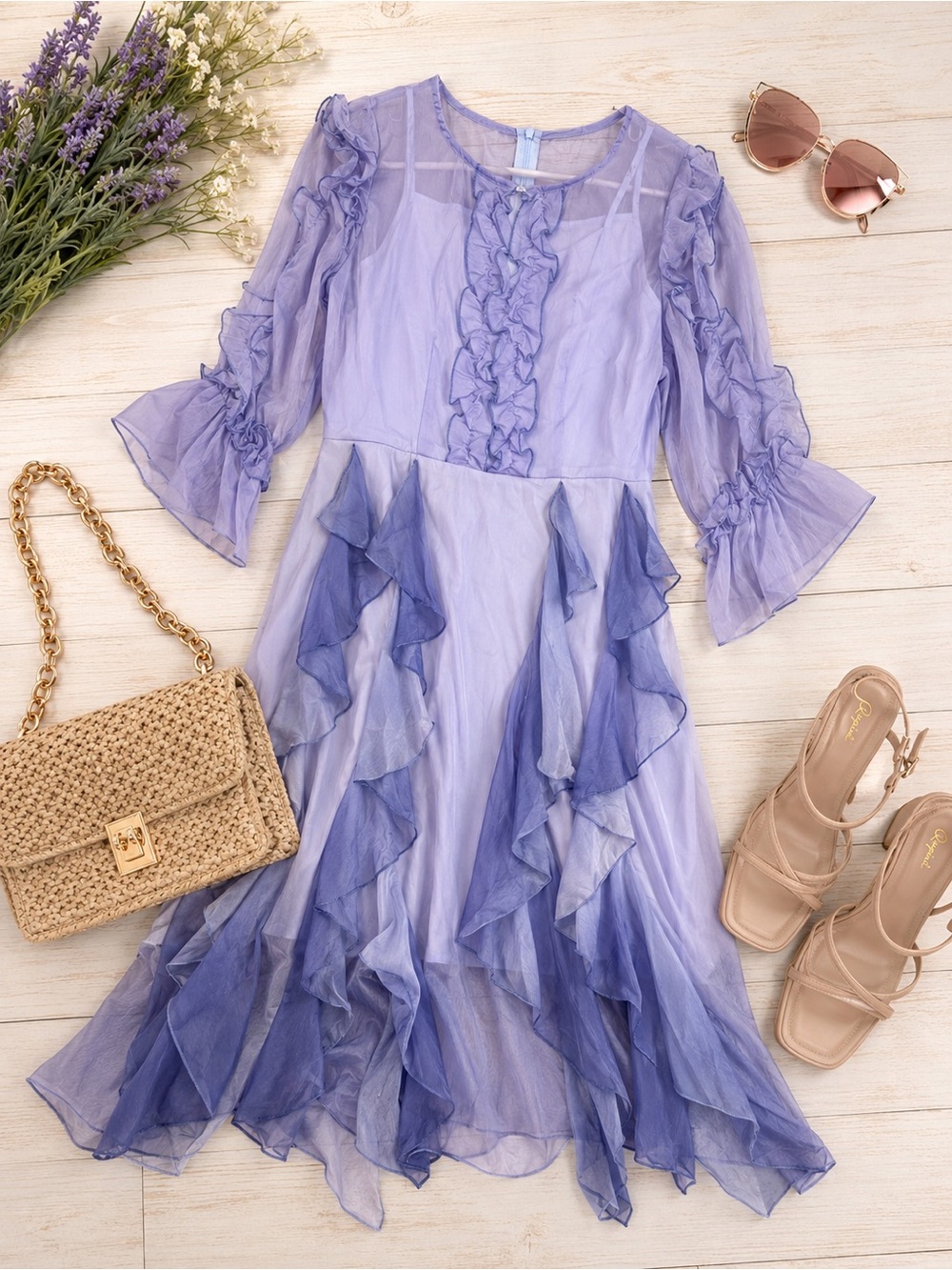 AIKE MODE Edition Limit Lavender Sheer Ruffle High-Low Midi Dress NWT